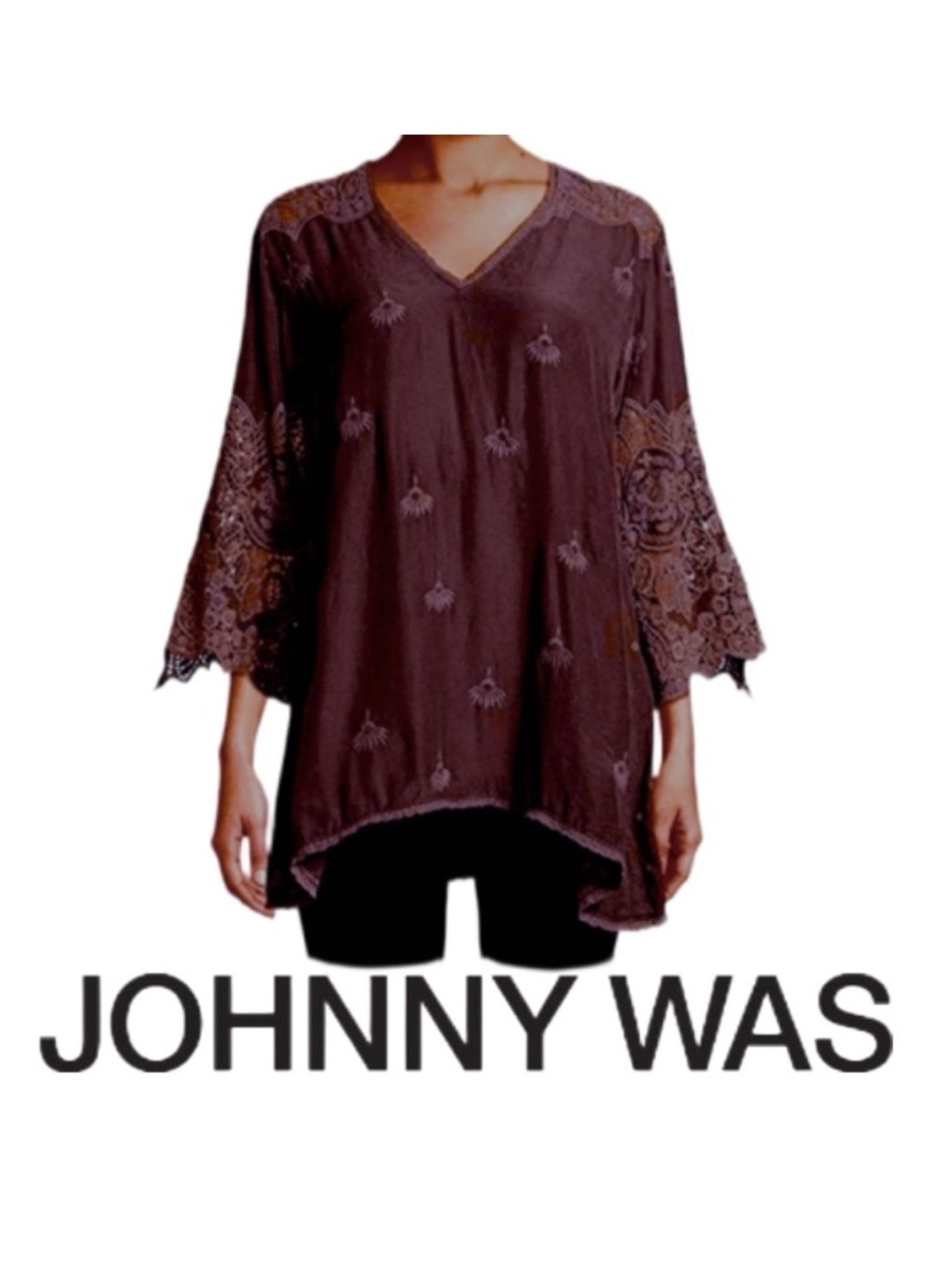 JOHNNY WAS | Jay Jay V-Neck Eyelet Tunic Top Boho Rayon Crochet Beach Resort
